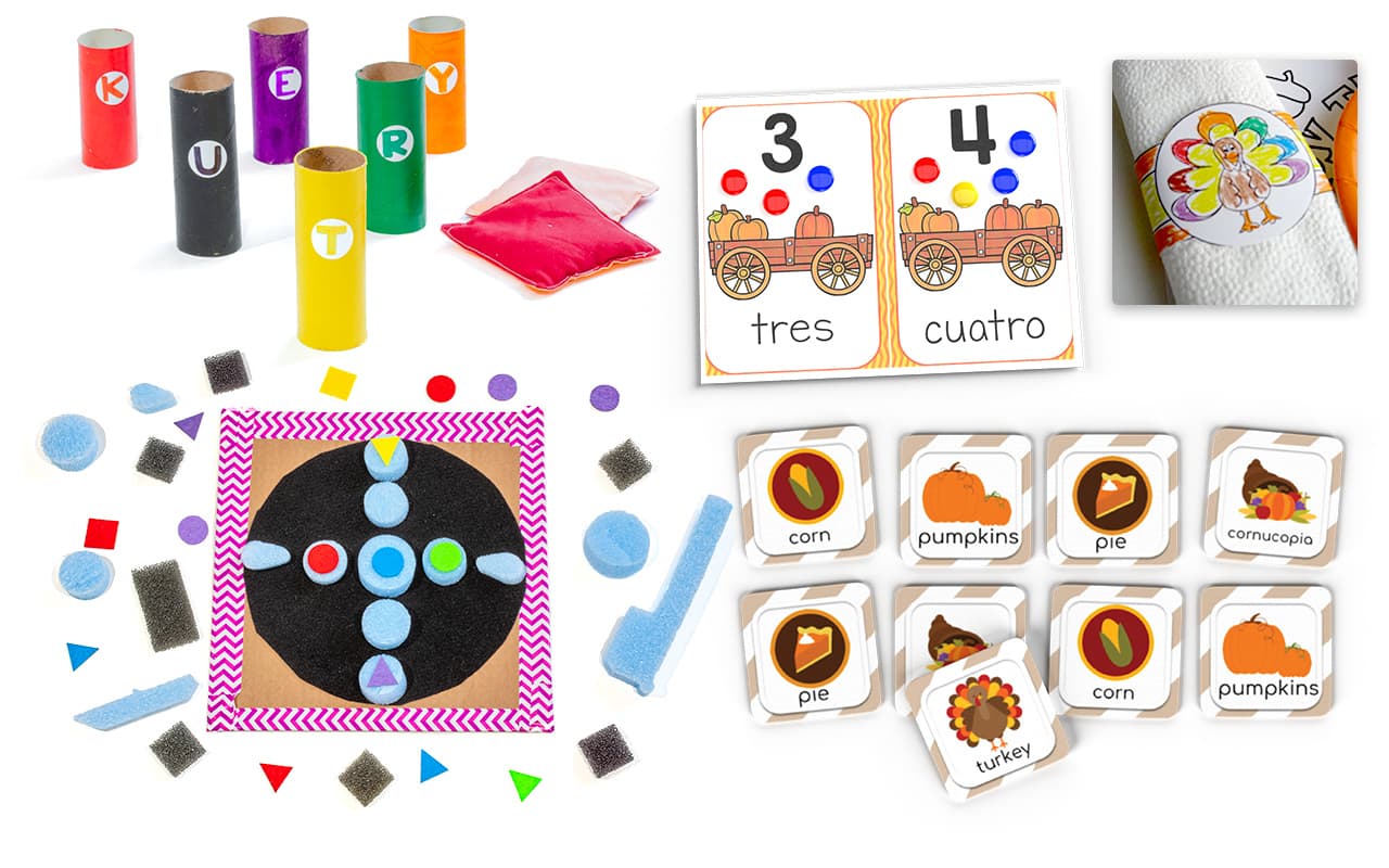 A collage of a bean bag toss game, an autumn-themed counting activity, an autumn-themed matching game, a foam pattern-making activity.