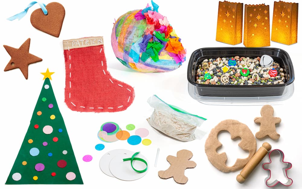 A collage of cookies, paper mache, paper lanterns, a sensory box, a stocking, and a felt christmas tree.