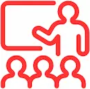Icon of a person giving instructions to a group of people in front of a whiteboard