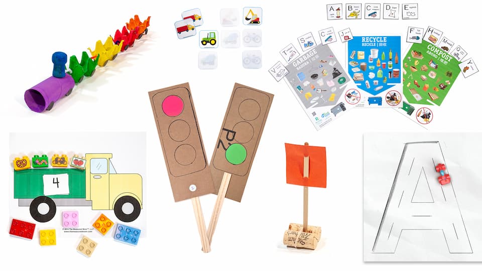 A collage of a train made out of egg carton pieces, a cork, and a toilet paper roll, a memory game, a garbage sorting activity, a letter tracing activity, a raft made out of cork with a paper sail, cardboard stoplights, and a counting activity with blocks and a printout of a truck.