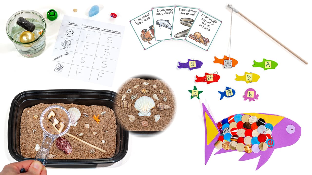A collage of a float and sink science experiment activity, sea life flashcards, magnet fishing, fish  paper crafts, and a magnifying glass activity.